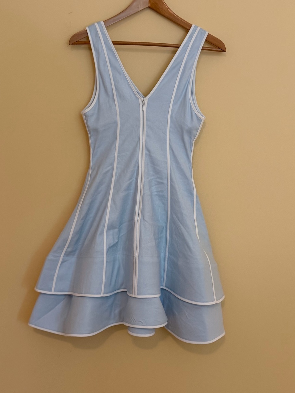 Maeve Linen Blend Blue V‑Neck Layered Hem Mini Dress - Picture 6 of 9